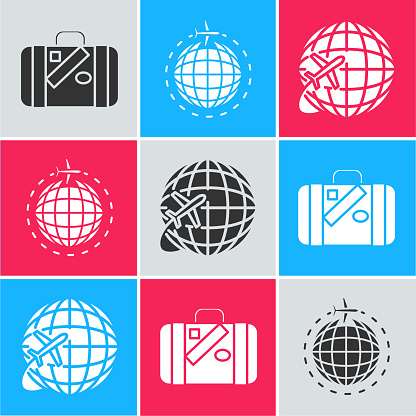 Set Suitcase for travel and stickers, Globe with flying plane and Globe with flying plane icon. Vector