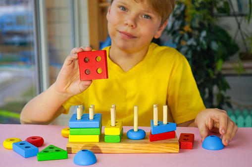 eco wooden toys. The child collects a sorter. Educational logic toys for kids. Games for Child Development