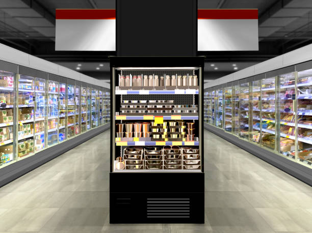 istock Protein, milkshake and pudding in small open refrigerator at dairy department ally in supermarket 1805472380