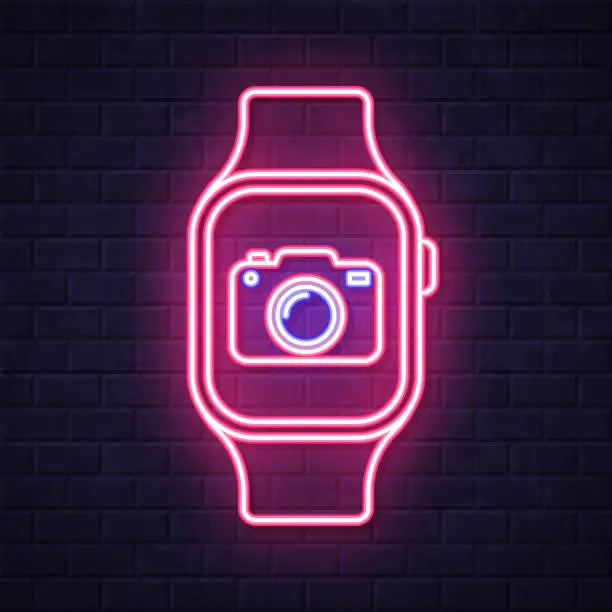 Vector illustration of Smartwatch with camera. Glowing neon icon on brick wall background