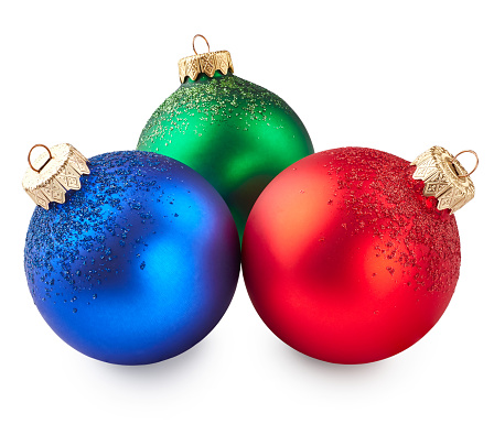 Blue, red and green christmas balls isolated on white background