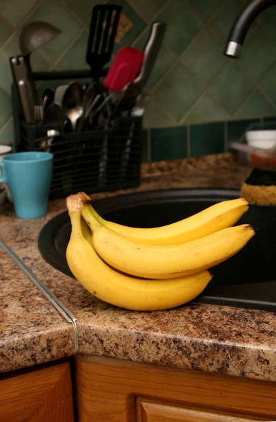 istock A bunch of bananas lying on a solid kitchen table. Sweet ripe bananas with yellow skin. Kitchen Scene with Bananas and Mixed Fruits Hand of ripe bananas in kitchen countertop 1805481972