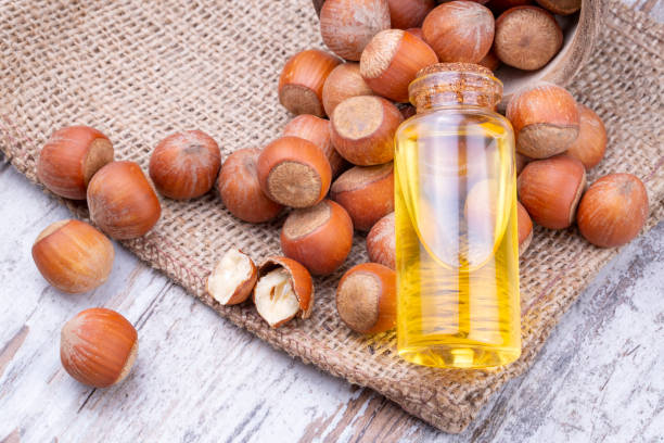 istock Hazelnut oil in a glass bottle 1805490224