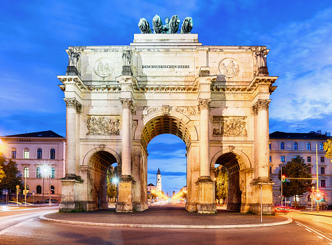 Victory Gate in Munich - Siegestor, Germany at dusk