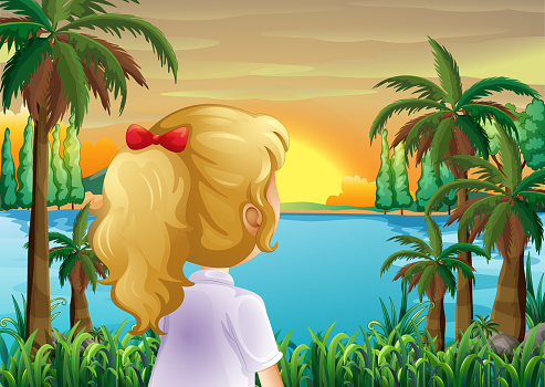 Girl Watching The Sunset At Riverbank Stock Illustration - Download Image  Now - Sunset, Watching, Adult - iStock