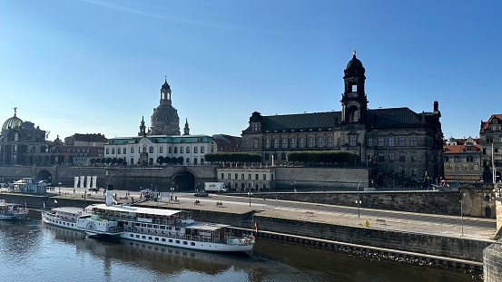 Dresden, Germany – September 2, 2023: Panorama of Elbe River in Dresden, Germany.