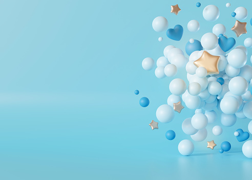 Scene with blue spheres, hearts, stars and copy space for product presentation or text. Mock up. Display, showcase. Its a boy background. Baby shower or birthday invitation, party. Baby boy birth. 3D