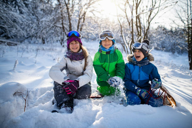 istock Three cute kids playing in winter forest 1805518775