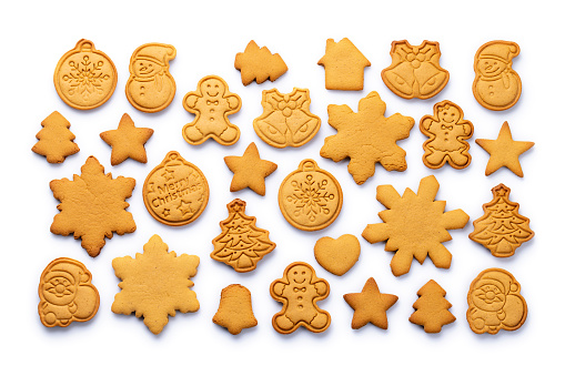 Original Christmas background with homemade tasty cookies.  Top view.