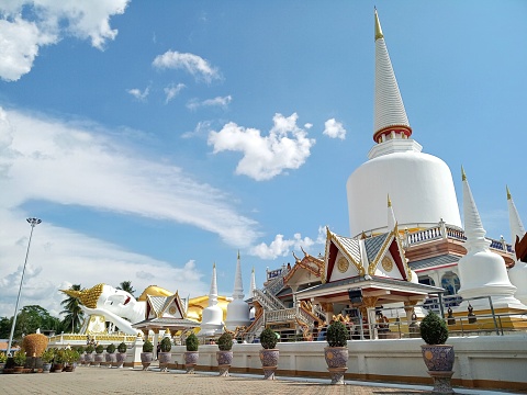 Wat That Noi is a buddhism temple, Featured in the large white pagoda.  Located in Nakhon Si Thammarat province, THAILAND.