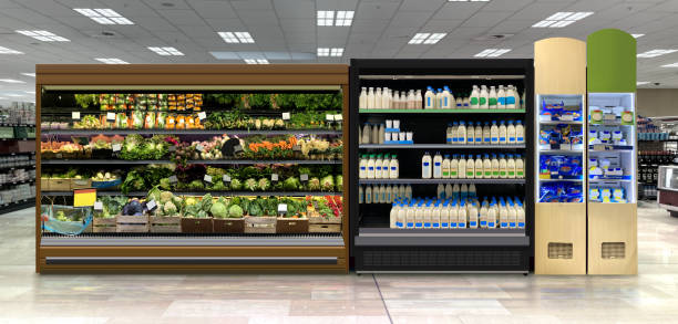 Vegetables, Milk and Cheese in three open refrigerator at supermarket
