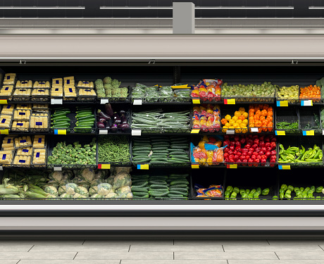 Vegetables in long open refrigerator at supermarket.\nThis Mockup and illustration is suitable for graphic designers, architects and interior designers. Can also be used for planograms and schematics.