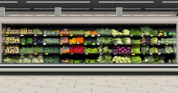 istock Vegetables in long open refrigerator at supermarket 1805523398