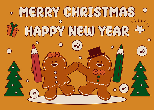 Cute Christmas Characters Vector Art Illustration.
A cute gingerbread couple dancing holding a big colored pencil and wishing you a Merry Christmas and a Happy New Year.