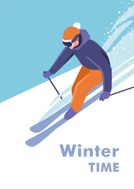 Vector illustration of Winter time. Concept of vacation and travel. Active winter holidays, skiing downhill. Skier on the piste. Vector illustration.