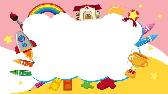 Colorful vector illustration of an empty frame surrounded by children's toys and learning objects