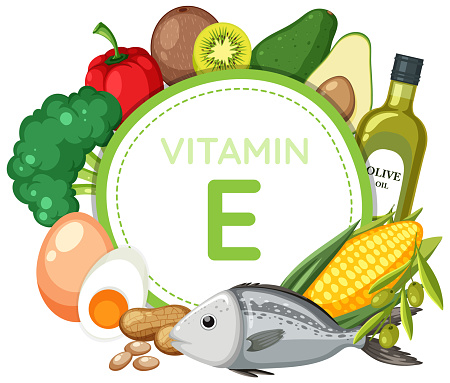 A vibrant vector illustration showcasing a Vitamin E icon amidst a variety of fruits and vegetables, emphasizing their rich nutritional content