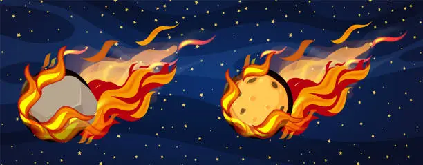 Vector illustration of Flaming Comets, Asteroids, and Meteors in Space