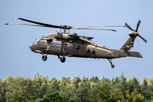 US Army Sikorsky UH-60M Black Hawk helicoptes arriving at an air base. Eindhoven, The Netherlands - June 6, 2020