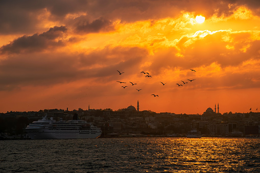 Suleymaniye Mosque on sunset in Istanbul. View from a cloudy day in Istanbul