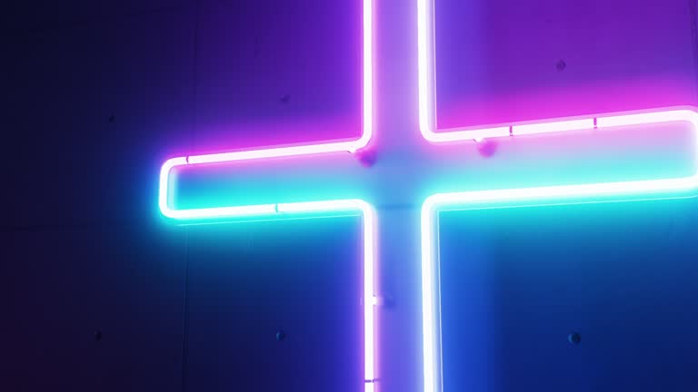 The church wall features a luminous neon Christian cross, adding a distinctive touch to its appear