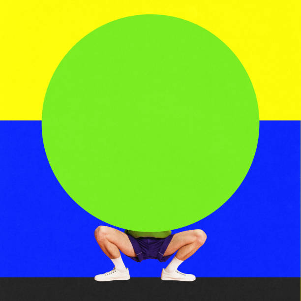 Sport competition. Man sitting under giant round circle. Contemporary art collage. Complementary colors.