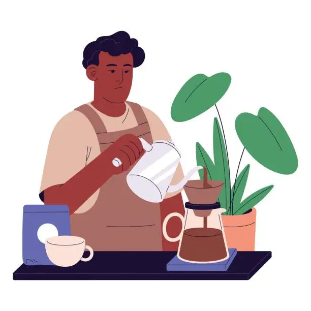 Vector illustration of Professional barista making drip, filter coffee in pour over, chemex. Worker in apron preparing beverage in cafe. Black man brew drink in coffeehouse. Flat isolated vector illustration on white