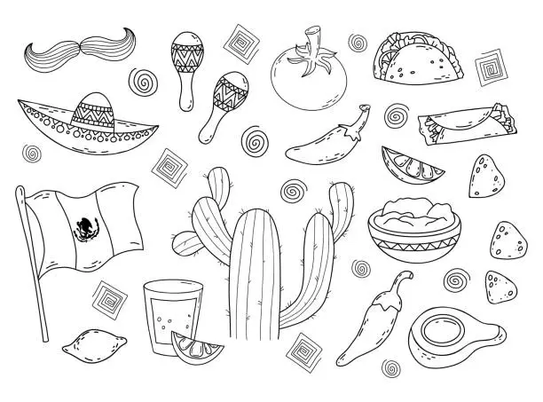 Vector illustration of Mexico doodle set. Elements of Mexican Culture Traditional Symbols, Food, flag, maracas, cactus, taco, burrito. Hand drawn vector illustration isolated on white background.