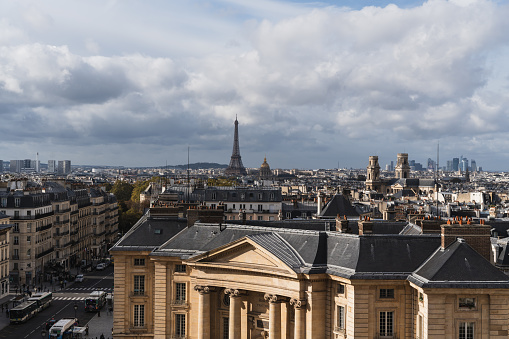 Aerial view of Champ de Mars from the Eiffel Tower in Paris, France. Wide angle shot of the Champ de Mars.