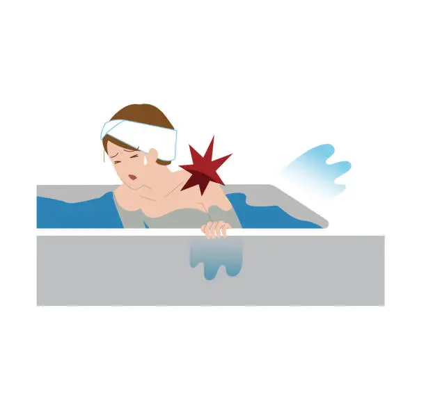 Vector illustration of Frozen shoulder, shoulder arthritis. A woman suffering from shoulder pain.A woman who can't get out of the bath