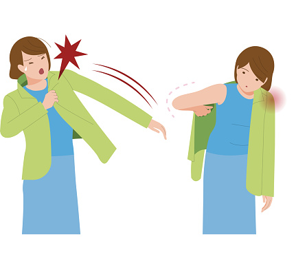 Frozen shoulder, shoulder arthritis. A woman suffering from shoulder pain.how to wear clothes
