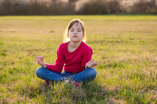 Cute little girl whit her eyes closed meditating on the meadow