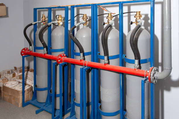 Gas cylinders for fire suppression. Safety equipment for fire control.