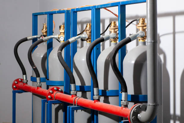 istock Gas cylinders for fire suppression. Safety equipment for fire control. 1805581569