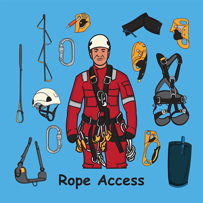 vector collection of rope access equipment, carabiner, full body harness, helmet, safety, descender, ascender, chest ascender, rope protection