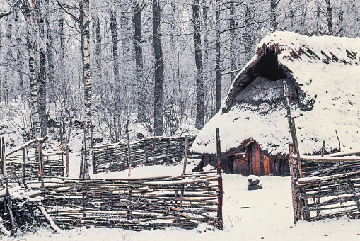 Åsarp, Sweden -January, 2020: Idyllic longhouse with a fence of branches a snowy winter day