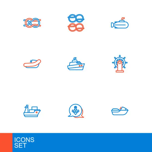 Vector illustration of Set line Jet ski, Anchor, Cargo ship, Ship steering wheel, Inflatable boat with motor, Speedboat, Submarine and Nautical rope knots icon. Vector