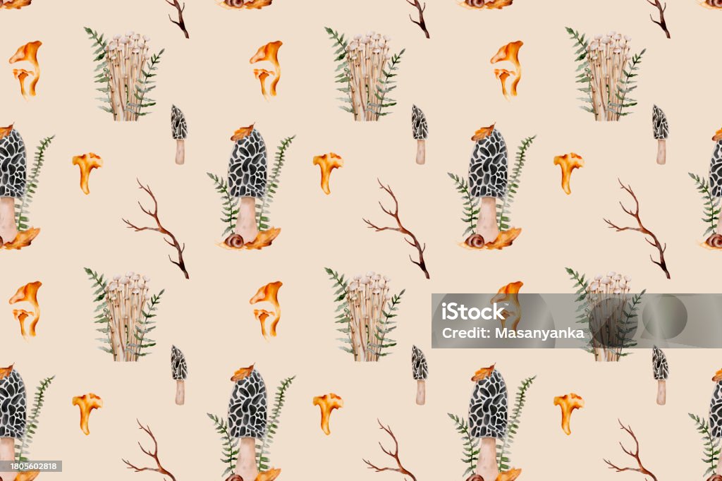 Enoki Pattern Pattern With Enoki Morel Branches And Oak Leaves For Any Design Print ...