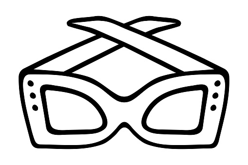 Extended sunglasses. The temples of the glasses are crossed. Stylish accessory with rhinestones. Sketch. Vector illustration. Outline on isolated background. Doodle style. Optical device of fashionable shape. Spectacles for a stylish look. Idea for web design.