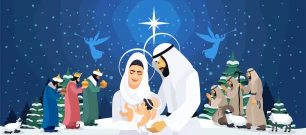 Vector illustration of Holy Night. Christmas night. Birth of Jesus. Three wise men.