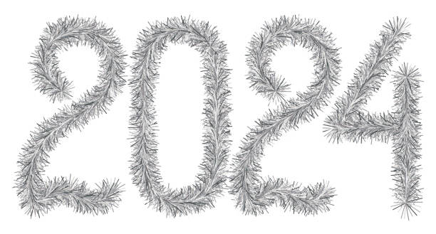 istock Tinsel. 2024. Lettering from a festive Christmas decoration. Fluffy numbers. Silver color. 1805608821