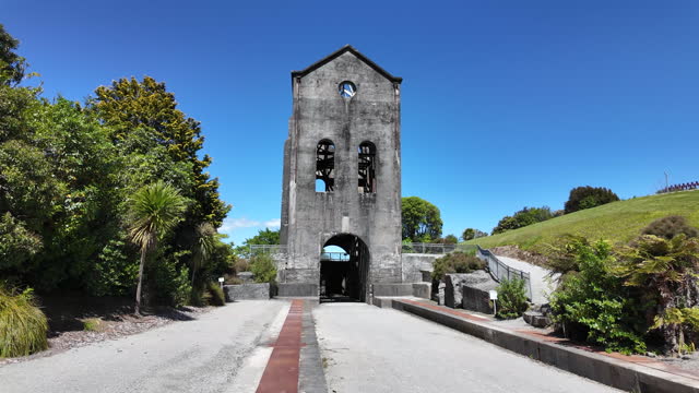Historic mine pump house near Waihi, New Zealand