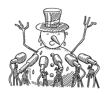 Hand-drawn vector drawing of a melting Snowman on a Press Conference Concept. Black-and-White sketch on a transparent background (.eps-file). Included files are EPS (v10) and Hi-Res JPG.