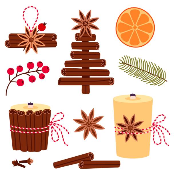 Christmas tree from cinnamon sticks cartoon vector illustration, Handmade  christmas decorations made of spices, DIY. Christmas aroma candles with dry anise and cinnamon sticks Christmas tree from cinnamon sticks cartoon vector illustration, Handmade  christmas decorations made of spices, DIY. Christmas aroma candles with dry anise and cinnamon sticks star anise stock illustrations