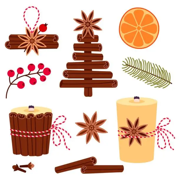 Vector illustration of Christmas tree from cinnamon sticks cartoon vector illustration, Handmade  christmas decorations made of spices, DIY. Christmas aroma candles with dry anise and cinnamon sticks