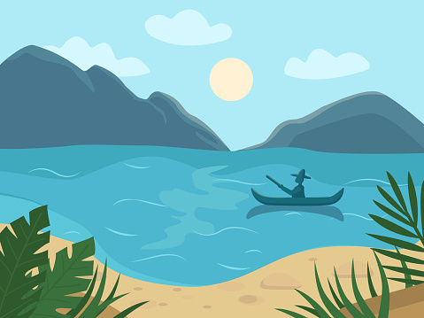 Vector illustration of a man in a canoe paddling on the ocean. Beautiful landscape with ocean, mountains and plants. Flat Art