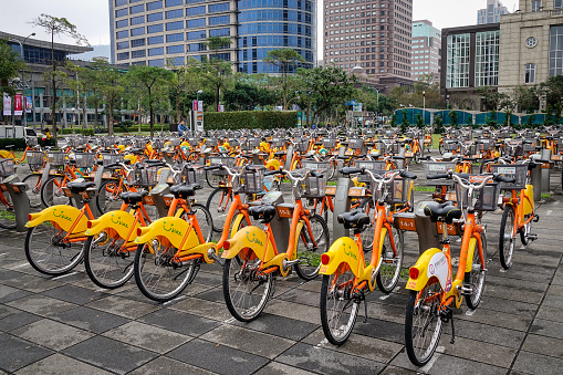Taipei, Taiwan - Jan 8, 2016. Ubike for rent on street in Taipei, Taiwan. YouBike (Ubike) is a large network of bicycle rental kiosks in Taipei City.