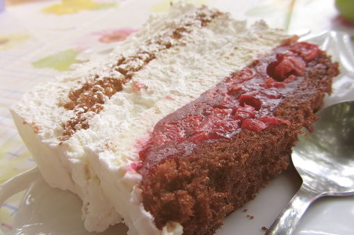 Close-up shot of a piece of a cream cherry cake served on a plate with a spoon.