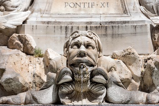 detail of the fountain in front of the Pantheon in the Italian city of Rome, located in the Piazza della Rotonda. The fountain was designed by Giacomo Della Porta in 1575 and sculpted by Leonardo Sormani; Rome, Italy