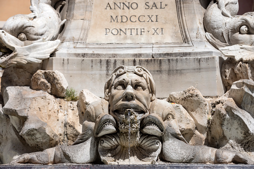 detail of the fountain in front of the Pantheon in the Italian city of Rome, located in the Piazza della Rotonda. The fountain was designed by Giacomo Della Porta in 1575 and sculpted by Leonardo Sormani; Rome, Italy